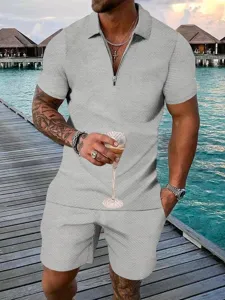 Men's casual knit zipper polo shirt and shorts set, comfortable summer resort beach wear.