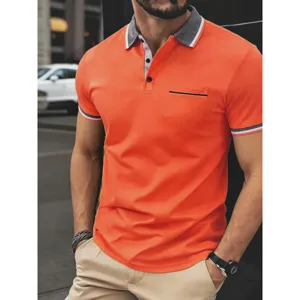 Men's orange short sleeve polo shirt with grey contrast collar and chest pocket main view.