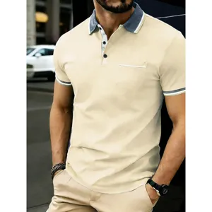 Men's casual short sleeve polo shirt with contrast ribbed lapel and chest pocket design.