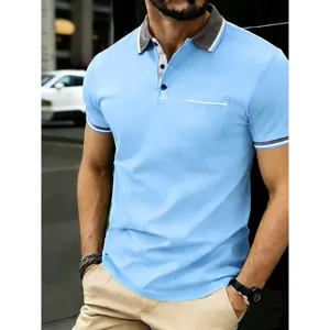 Men's fashion light blue short sleeve polo shirt with contrast collar casual summer top