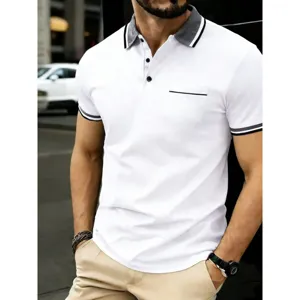 Men's casual short sleeve white polo shirt with ribbed lapel and pocket for daily wear.