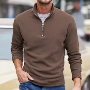 Heren halve rits fleece trui bruin met opstaande kraag lange mouw casual pullover