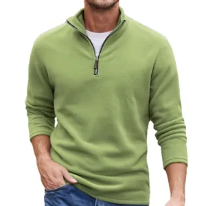 Heren groene fleece trui met opstaande kraag halve rits casual lange mouw top