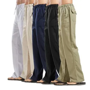 Dettagli pantaloni di lino larghi da uomo che mostrano stili casual quotidiani comodi.
