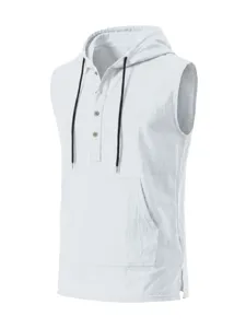 Vista dettagliata della camicia smanicata con cappuccio in lino da uomo con bottoni e tasca.