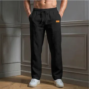 Detail view of men's casual loose trousers featuring a comfortable drawstring waist and side pockets.