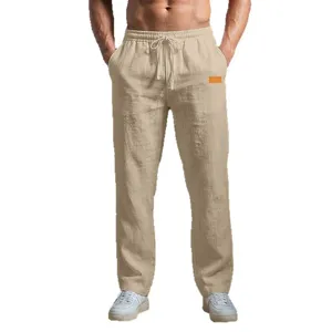 Men's casual linen trousers loose fit straight leg lightweight summer beach pants