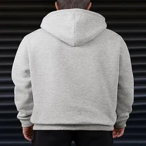 Herren grauer Kapuzenpullover Rückansicht, bequemer Fleece Pulli Freizeit Oberteil.