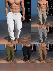 Herren Lässige Baumwolle Leinen Hose Locker Elastischer Kordelzug Taille Einfarbig Atmungsaktive Strand Lange Hose Mit Taschen Unten