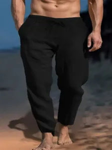 Herren einfarbige Kordelzug Leinen lose lässige Strandhose für Sommer Urlaub und Freizeit.