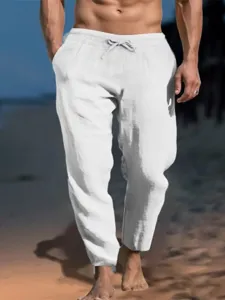 Herren freie weiße Leinen Strand Hosen Kordelzug lose bequeme Sommer Freizeithose