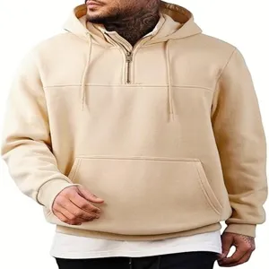Lässiger Herren Viertel-Reißverschluss Fleece Kapuzenpullover in Khaki mit Kapuze und Tasche.