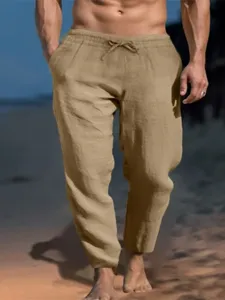 Herren lässige Leinen Strandhose mit Kordelzug, einfarbige Sommer Freizeit Hose khaki.