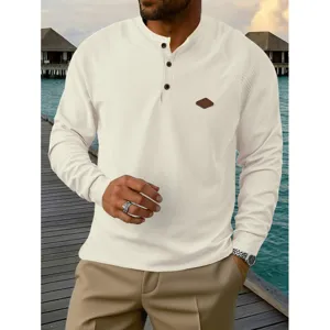 Mens casual waffle knit long sleeve henley shirt with buttons for daily wear and outdoor style.