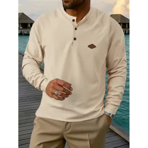 Men's casual long sleeve waffle henley shirt solid color slim fit pullover top for wear
