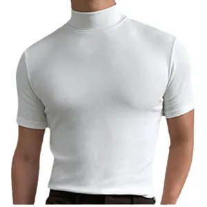 Heren effen wit korte mouw opstaande kraag t-shirt slim fit casual top hoofdaanzicht