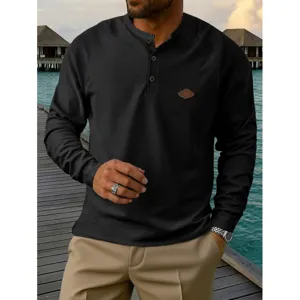 Men's black waffle knit long sleeve Henley shirt casual stylish top for daily wear