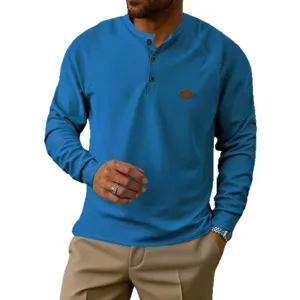 Men's Solid Color Waffle Long Sleeve Henley Shirt Casual Slim Fit Top for Autumn Daily