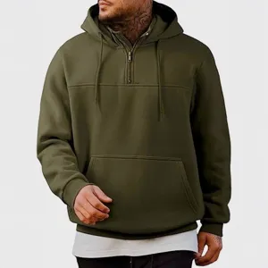 Herren olivgrüner Kapuzenpullover mit Viertelreißverschluss lässiger Pullover Streetwear