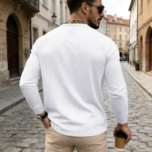 Men's waffle long sleeve detail view, white casual shirt back side showcasing fit.