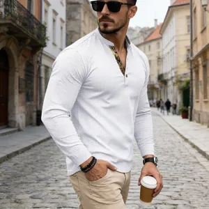 Men's waffle long sleeve henley shirt with contrast collar detail for casual street style.