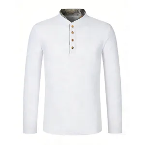 Details of the men's waffle knit long sleeve henley shirt with contrast camouflage collar.