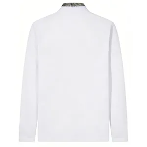 Back view detail of men's white waffle knit long sleeve shirt with contrast camo collar.