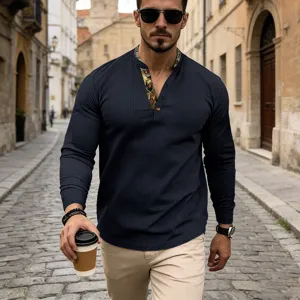 Men waffle long sleeve Henley t-shirt in dark navy with contrast collar details for men.