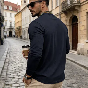 Mens waffle knit long sleeve henley shirt with contrast collar for casual street wear.