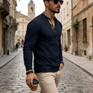 Men waffle knit long sleeve henley shirt detail view showcasing textured fabric and patterned collar.