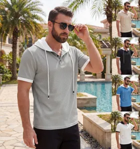 Men's waffle knit short sleeve hooded polo t-shirt casual summer top with drawstring details.