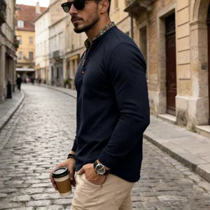 Detail shot of men's long sleeve waffle henley shirt in dark blue with contrast collar.