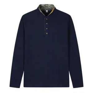 Men's casual waffle knit long sleeve Henley shirt with contrast camouflage collar.