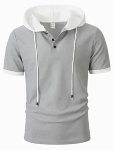 Men's short sleeve waffle knit hooded henley shirt in grey and white colorblock design detail.