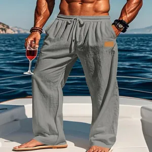 Men Grey Drawstring Straight Casual Pants Beach Vacation Outdoor Comfortable Trousers