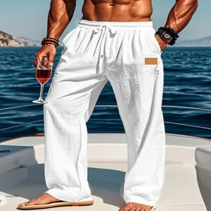 Men casual white drawstring straight trousers straight beach vacation breathable summer pants