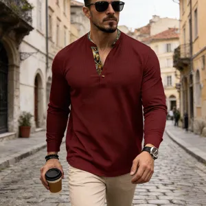 Men's waffle long sleeve henley shirt detail, contrast color collar, casual street style.