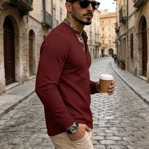 Mens waffle knit long sleeve henley shirt detail view, vintage street style casual top.