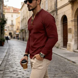 Men's waffle long sleeve Henley shirt with contrast placket casual streetwear tops.