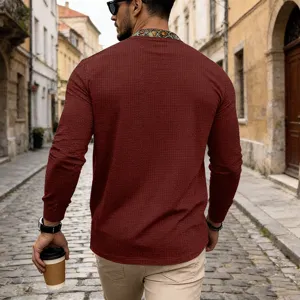 Men's waffle long-sleeve T-shirt with contrast collar, casual street style apparel.