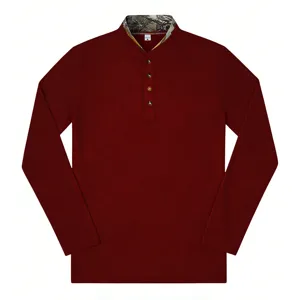 Men's waffle long sleeve Henley t-shirt, casual burgundy pullover with contrast collar detail.