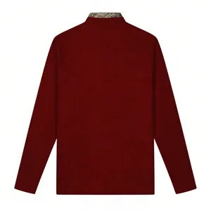 Men's long sleeve waffle knit t-shirt in wine red with contrast collar basic top