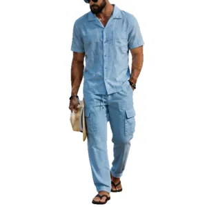 Men casual light blue cotton linen short sleeve shirt and cargo long pants two piece set.