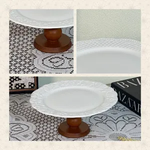European Court Style Embossed White Ceramic Fruit Plate With Wood Base Cream Style Retro High Footed Dessert Tray For Wedding Party Home Decoration