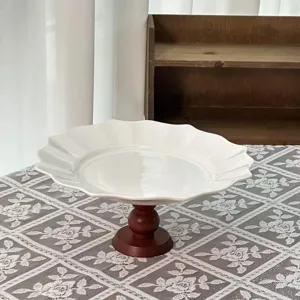 French Vintage Ceramic Dessert Cup With Wood Base Elegant Floral Pattern Footed Ice Cream Yogurt Pudding Dessert Bowl