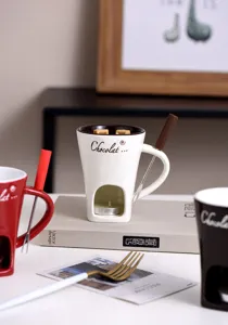 Keramik Schokoladen Fondue Tasse Becher Set mit Gabel zum Schmelzen von Kaese Butter Milch Waermer.