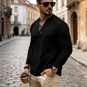 Close-up detail of the men's waffle long sleeve henley shirt, showing collar print.