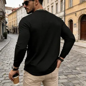 Mens black waffle knit long sleeve t shirt casual streetwear stylish slim fit top