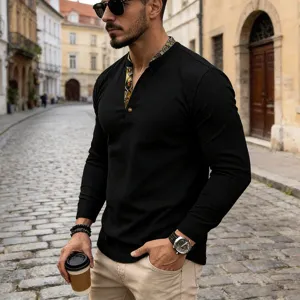 Men's waffle long sleeve henley t-shirt detailed view, black top with contrast collar.