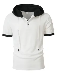 Detail view of men's short sleeve waffle knit hoodie featuring contrast black hood and henley buttons.
